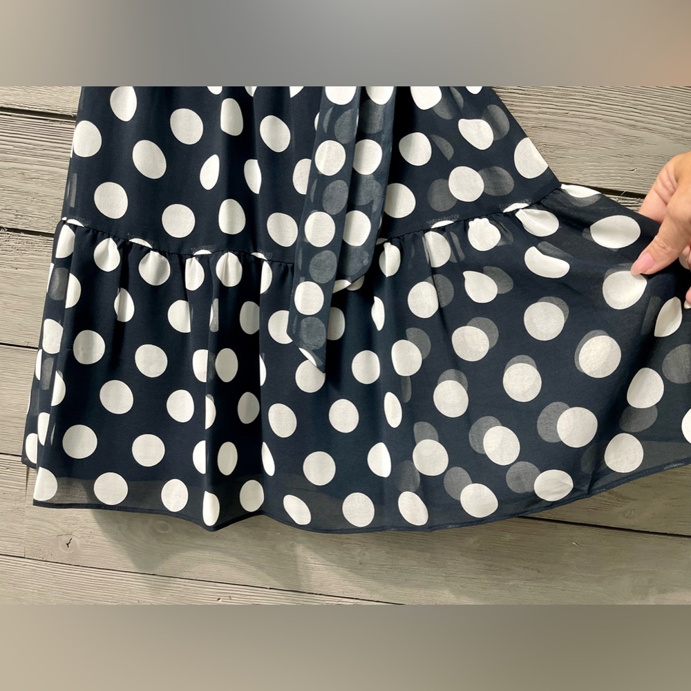 SALONI Flowy Sleeveless Navy Ruffle Wrap Dress with White Polkadots Sz 4 Summer - Picture 5 of 15